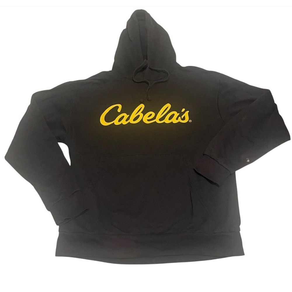 Cabelas Mens Medium Black Yellow Script Logo Pullover Hoodie Sweatshirt
